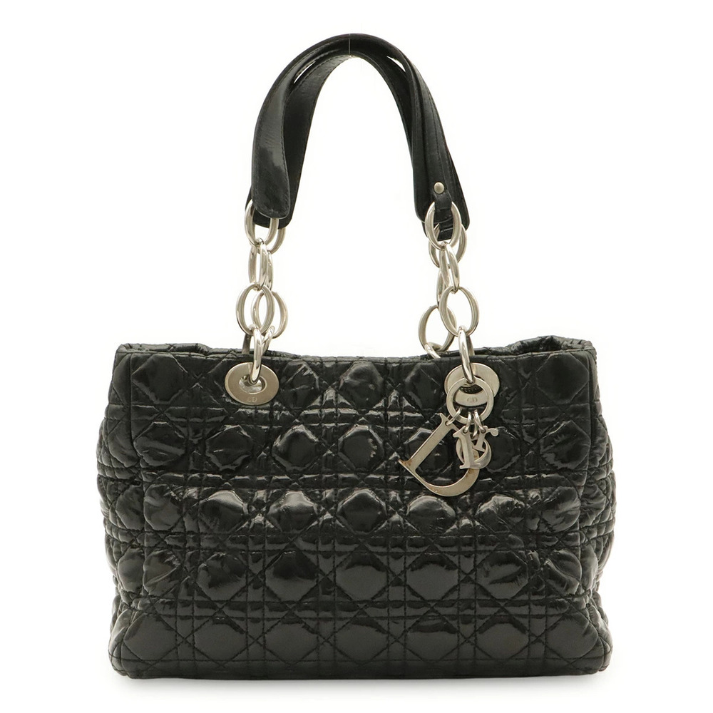 Christian Dior Lady Cannage Tote Bag Handbag Enamel Black